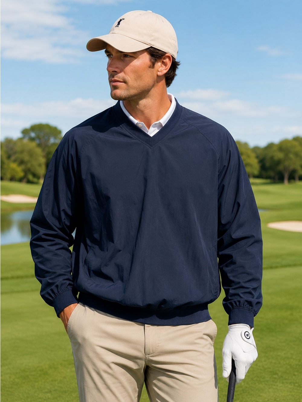 Perry Ellis Pullover Windbreaker Men’s M Navy V Neck Golf Athleisure Jacket Y2K